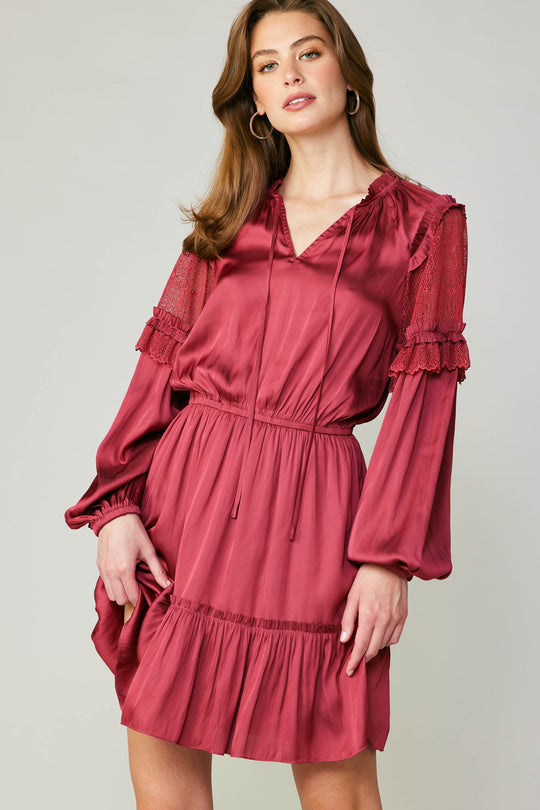 Long Sleeve Split Neck Midi Dress in Raspberry