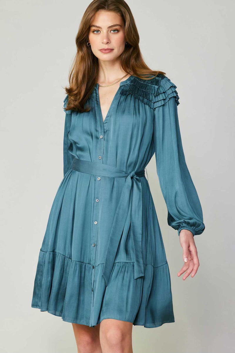 Long Sleeve Split Neck Button Down Dress in Deep Cyan