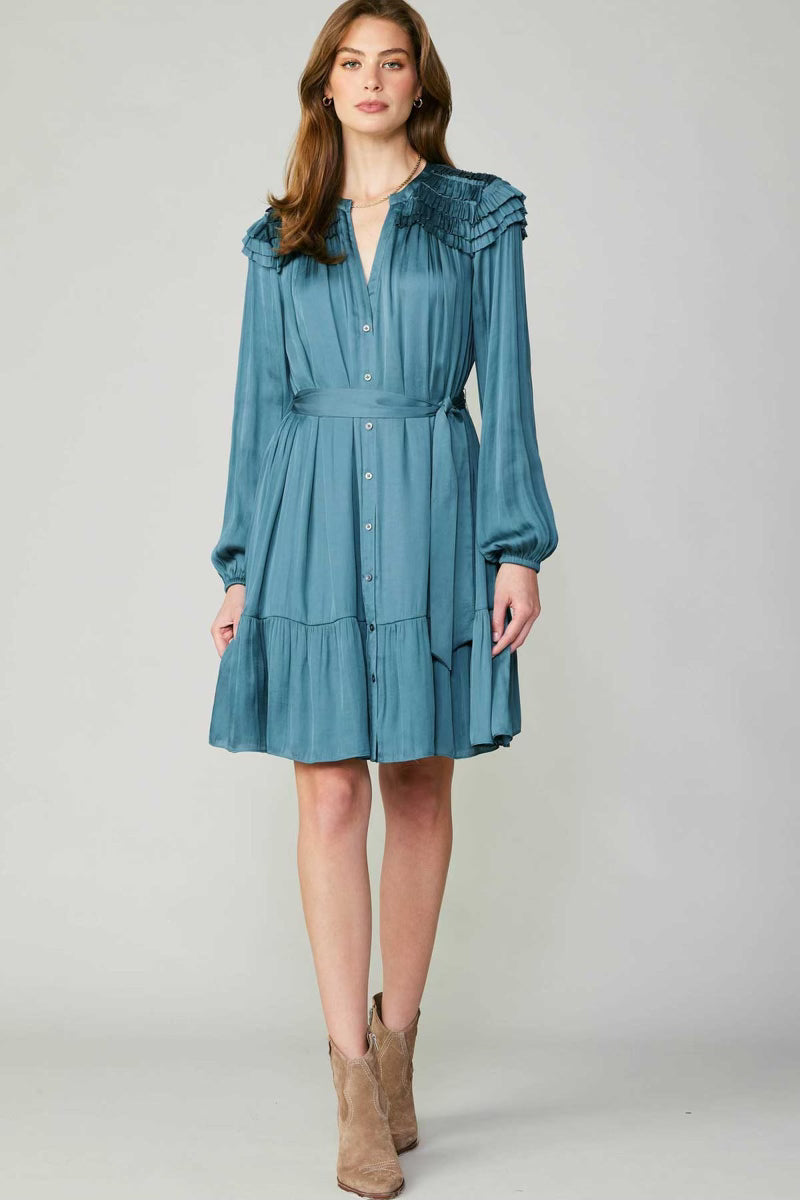 Long Sleeve Split Neck Button Down Dress in Deep Cyan