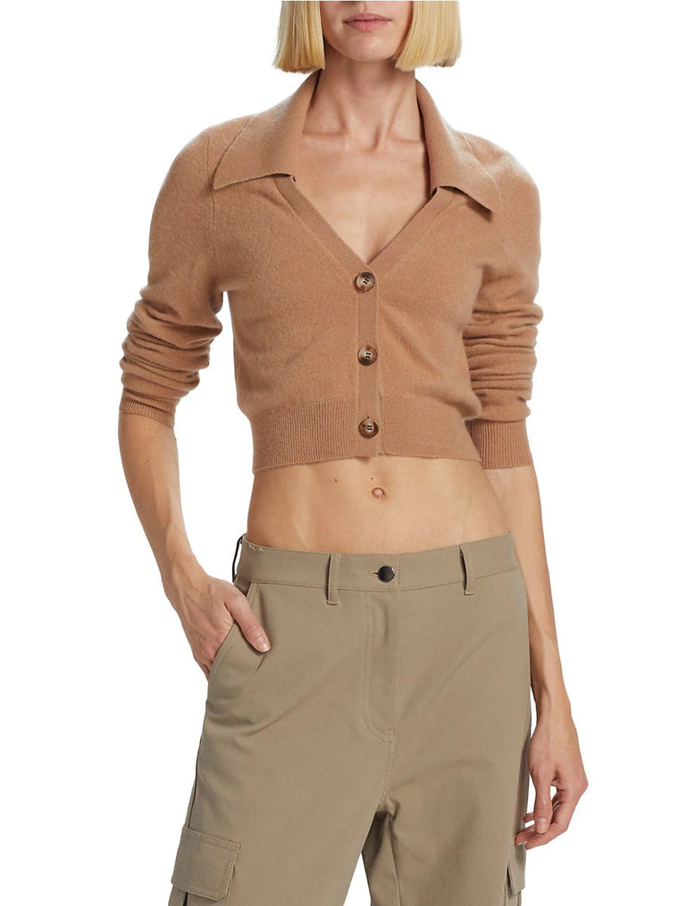 Cashmere Cropped Polo Cardigan in Camel