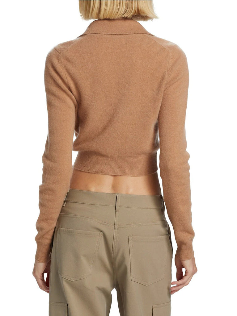 Cashmere Cropped Polo Cardigan in Camel