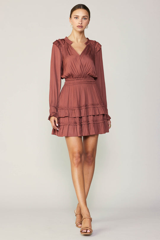 Ruffled V-Neck Mini Dress in Rust