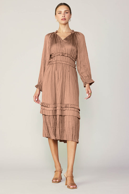 Long Sleeve Split Neck Long Dress in Dusty Clay