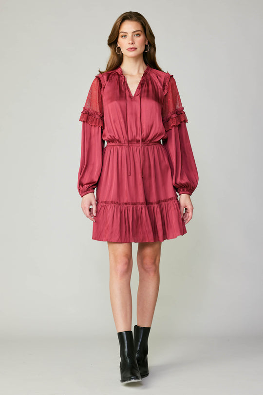 Long Sleeve Split Neck Midi Dress in Raspberry