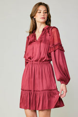 Long Sleeve Split Neck Midi Dress in Raspberry