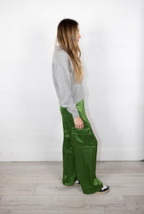 Textured Satin Cargo Pant in Green Grass