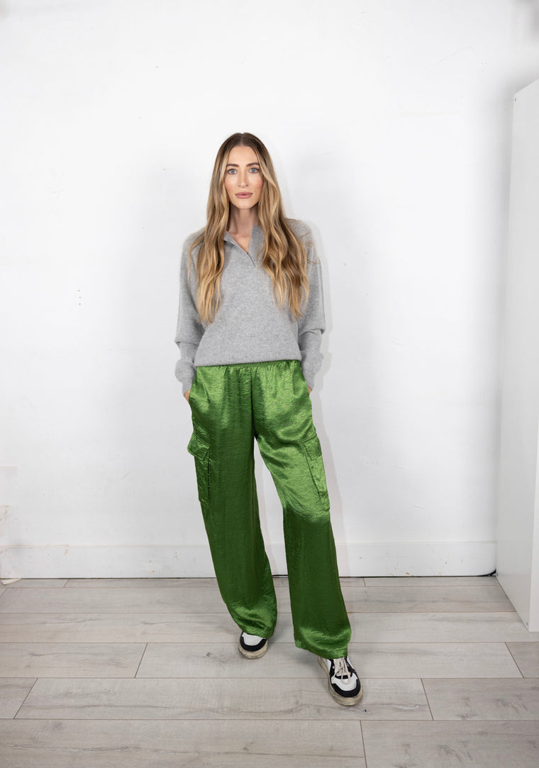 Textured Satin Cargo Pant in Green Grass