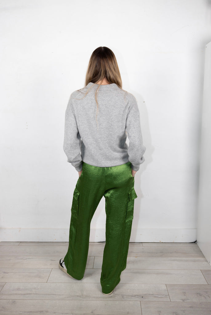 Textured Satin Cargo Pant in Green Grass