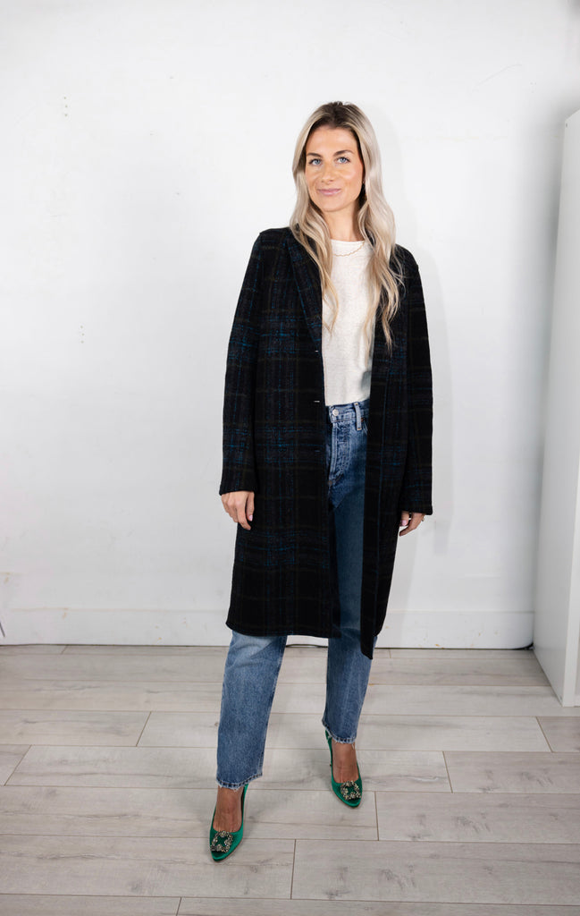 Women Overcoat Multicolor Check in Turquoise