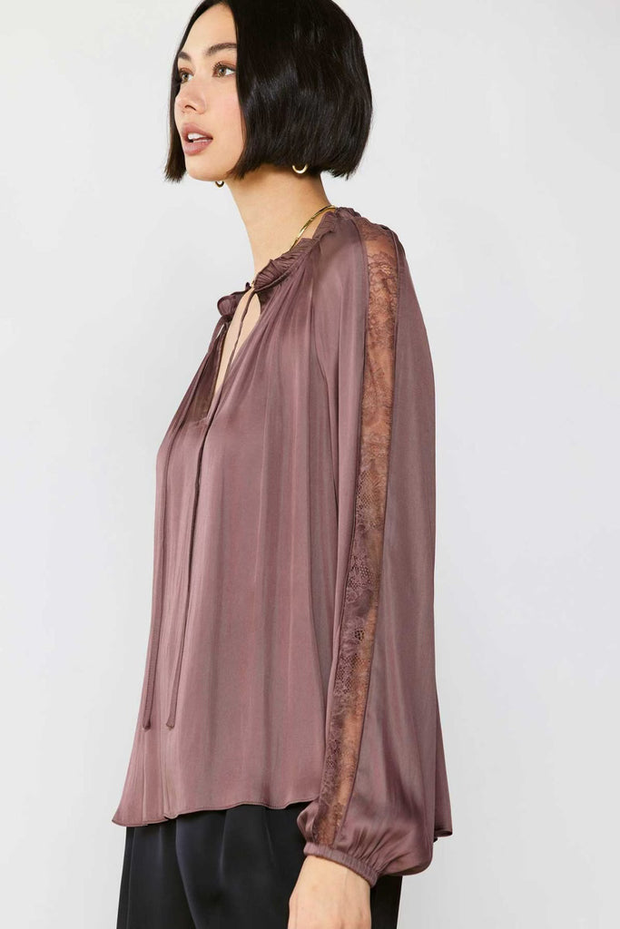 Long Sleeve Split Neck Ruffle Blouse in Coco Brown