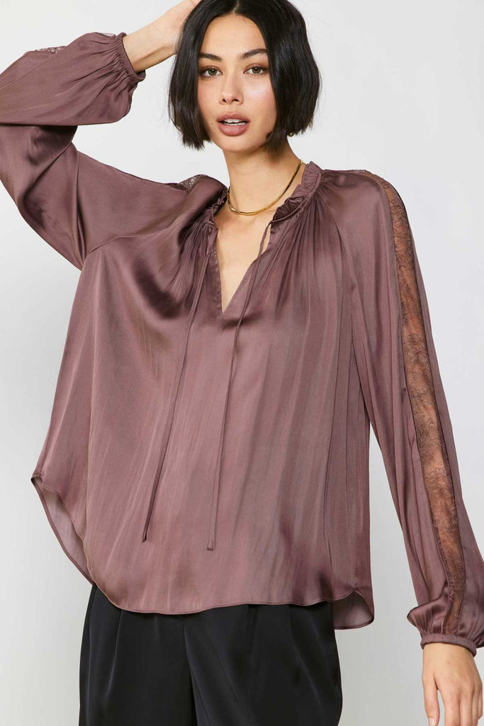 Long Sleeve Split Neck Ruffle Blouse in Coco Brown