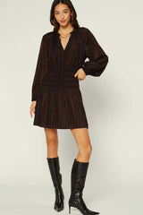 Long Sleeve Mini Dress with Ruffled Neck Tie in Black Red