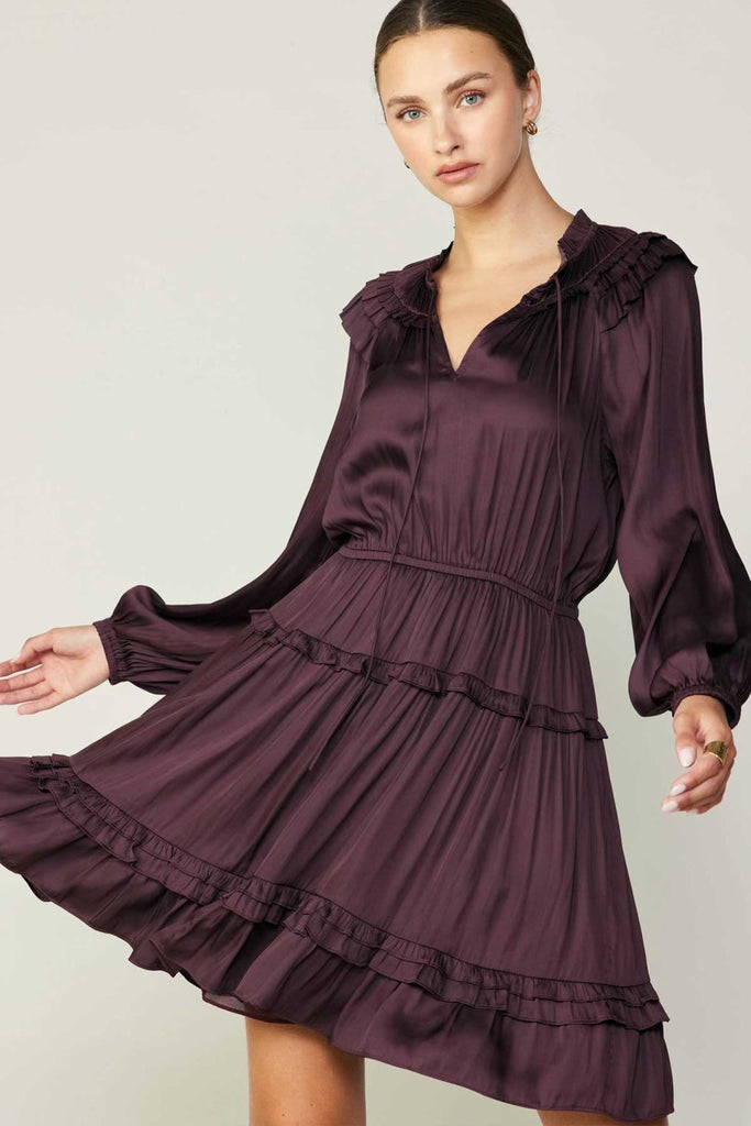 Long Sleeve Split Neck Tiered Mini Dress in Midnight Plum