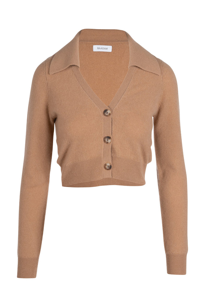 Cashmere Cropped Polo Cardigan in Camel