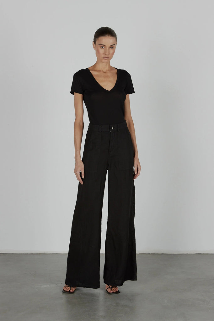 Linen Pleated Wide Leg Pants in Black