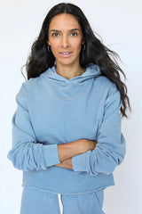 French Terry Cut Off Heart Hoodie in Denim Blue