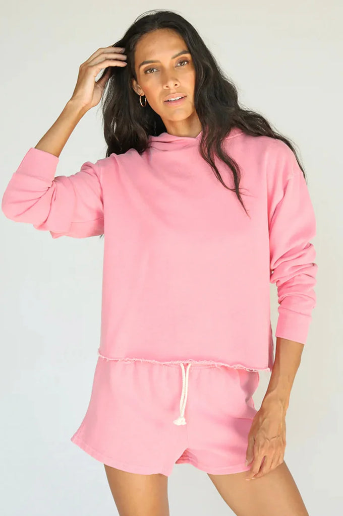French Terry Cut Off Heart Hoodie in Pink Punch