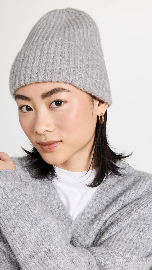 Cashmere Luxe Ribbed Beanie in Grey Heather